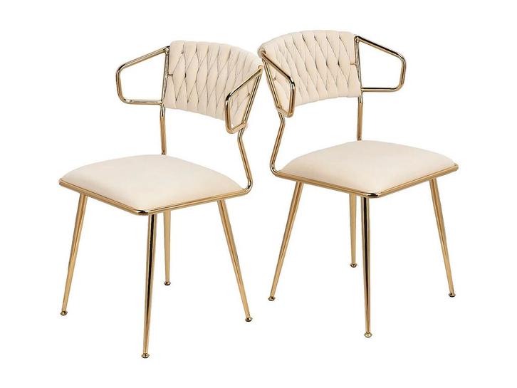 Eetkamerstoelen - Set van 2 - Fluweel - Beige / Goud •, Huis en Inrichting, Stoelen, Zo goed als nieuw, Verzenden