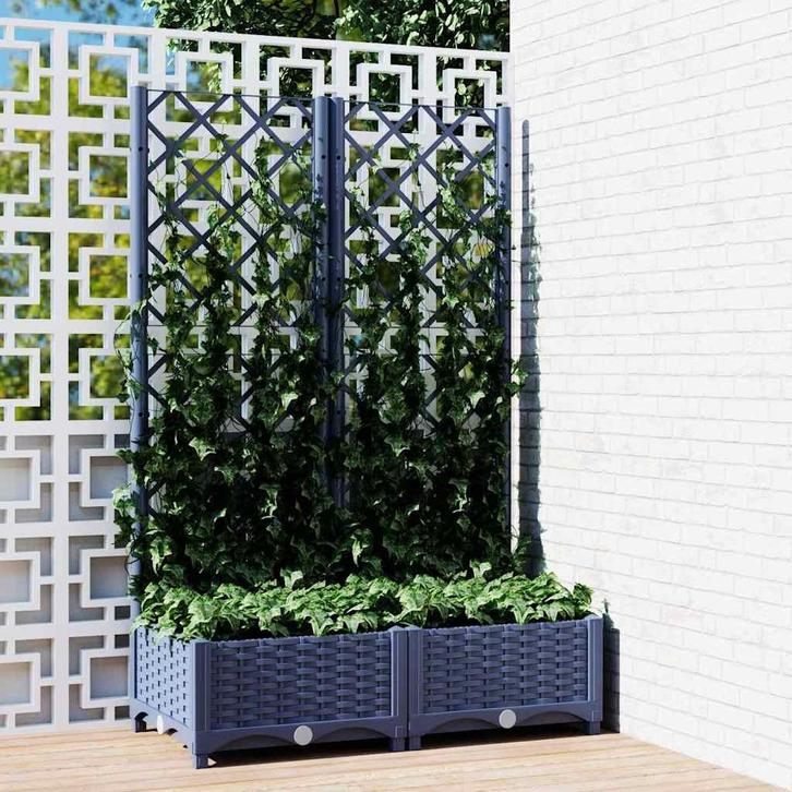 vidaXL Plantenbak met trellis blauwgrijs 80x40x121,5 cm PP, Tuin en Terras, Bloembakken en Plantenbakken, 60 tot 100 cm, Nieuw