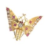 Victorian anno 1890, Butterfly, Red Strass, Pearl - Broche -