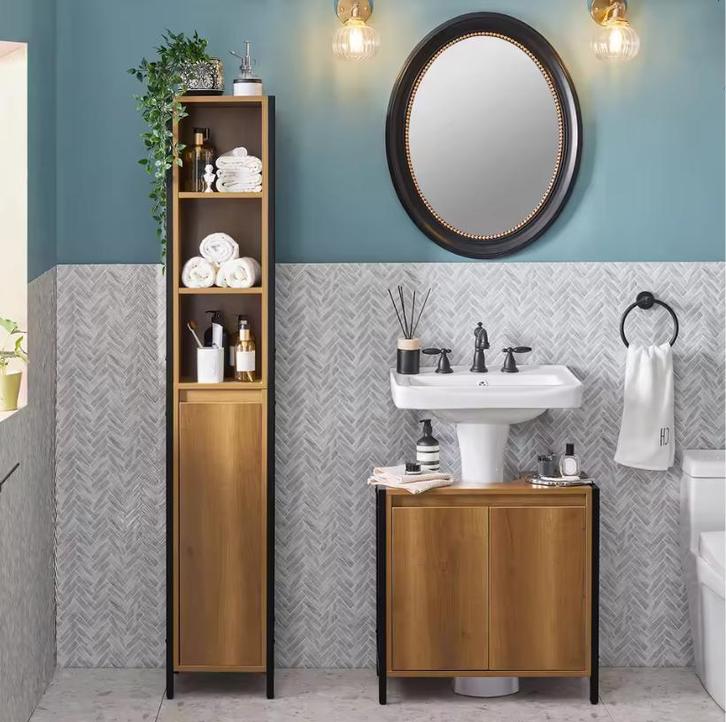 Smalle hoge badkamerkast met open vakken en deur, Huis en Inrichting, Badkamer | Badkamermeubels, Nieuw, Verzenden