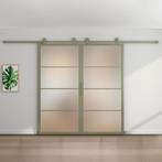 Dubbele stalen schuifdeur - 4 Vlaks - Olijfgroen - Mat glas, Doe-het-zelf en Verbouw, Kozijnen en Schuifpuien, 75 tot 150 cm, Nieuw