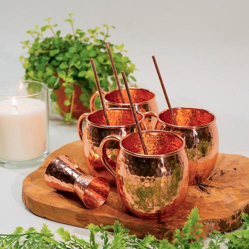Puur koperen Moscow Mule set gehamerd 9-delig (met, Sport en Fitness, Gezondheidsproducten en Wellness, Nieuw