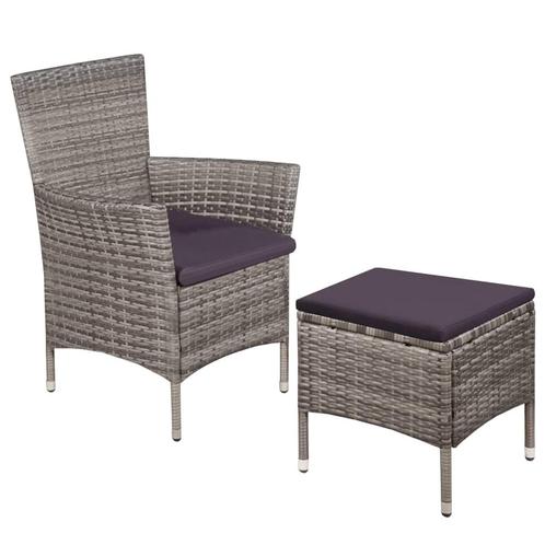vidaXL Tuinstoel en kruk met kussens poly rattan grijs, Tuin en Terras, Tuinstoelen, Nieuw, Rotan, Verzenden