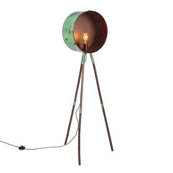 Vintage vloerlamp op bamboo driepoot groen met koper - beschikbaar voor biedingen