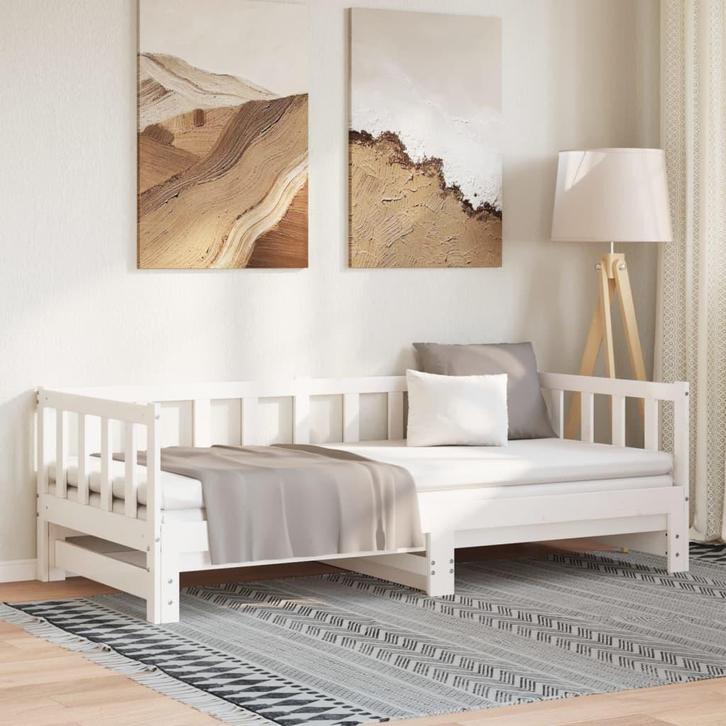 vidaXL Slaapbank uitschuifbaar massief grenenhout wit, Huis en Inrichting, Slaapkamer | Bedden, 90 cm, 200 cm, Wit, Eenpersoons