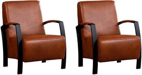 Cognac leren industriële stalen fauteuils - Granada leer Sa, Huis en Inrichting, Fauteuils, 50 tot 75 cm, 75 tot 100 cm, Nieuw