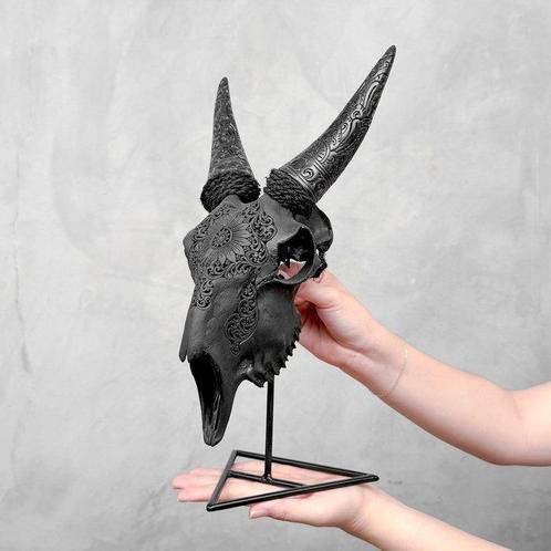 GEEN RESERVEBEDrag - Handgemaakt Zwart Geitenschedel met, Antiek en Kunst, Kunst | Designobjecten