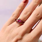 18 Krt. Witgouden ring | Roze saffier & Diamant 0,06 ct., Sieraden, Tassen en Uiterlijk, Ringen, Gebruikt, Overige kleuren, Ophalen of Verzenden