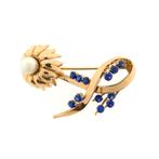 18 Krt. Vintage gouden broche met parel en saffier (parels), Sieraden, Tassen en Uiterlijk, Broches, Gebruikt, Overige kleuren