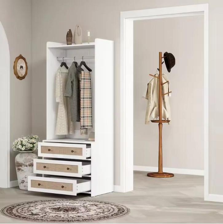 Witte Boho Kledingkast met 3 Lades – 70×48×180 cm, Stabiel, Huis en Inrichting, Kasten | Kledingkasten, Nieuw, Verzenden