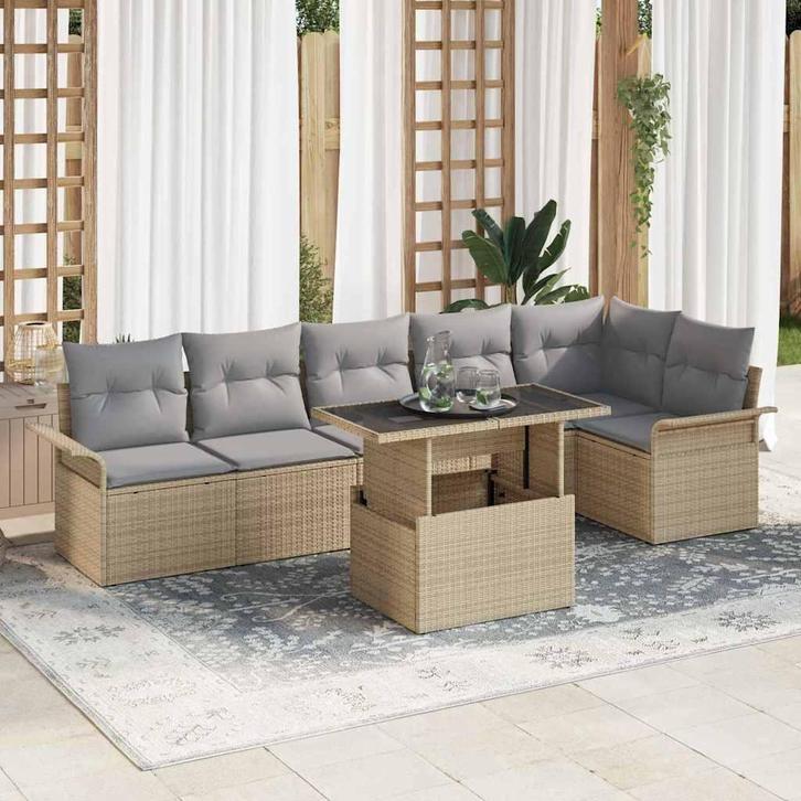 vidaXL Tuin Sofa Set met kussen 7 pcs Beige poly rattan, Tuin en Terras, Tuinsets en Loungesets, Nieuw, Rotan, Verzenden