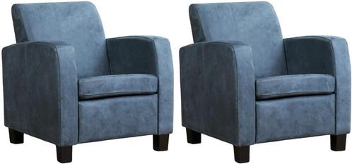 Blauwe leren landelijke fauteuils - poot hout bruin - Kenia, Huis en Inrichting, Fauteuils, 50 tot 75 cm, 75 tot 100 cm, Nieuw