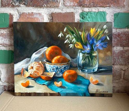 Merie Khys (XX-XXI) - Tangerines and spring flowers, Antiek en Kunst, Kunst | Schilderijen | Klassiek