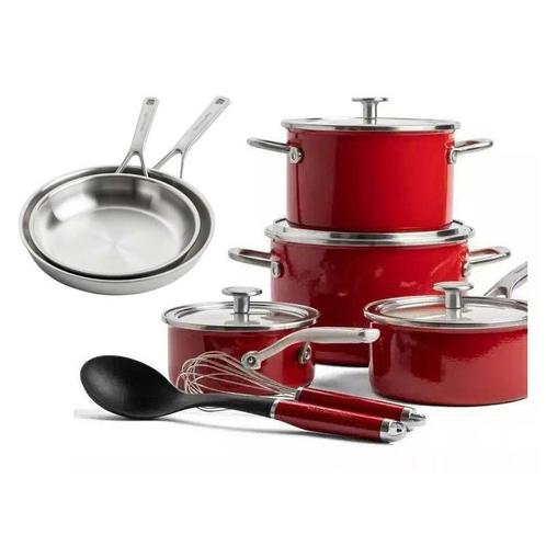 KitchenAid Pannenset Rood met Garde en Sauslepel - 8 Delig, Huis en Inrichting, Keuken | Potten en Pannen, Verzenden
