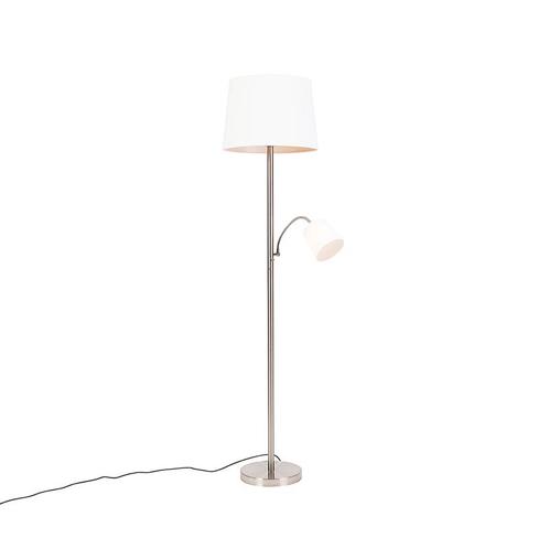 Klassieke vloerlamp staal met witte kap en leeslampje -, Huis en Inrichting, Lampen | Vloerlampen