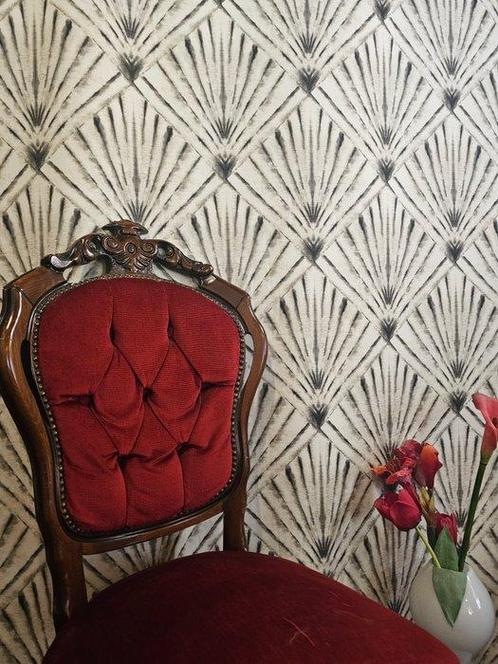 Art Deco stof met geometrisch waaierpatroon met vierkanten -, Antiek en Kunst, Antiek | Kleden en Textiel