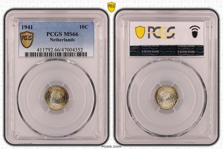 Koningin Wilhelmina 10 cent 1941 MS66 PCGS gecertificeerd, Postzegels en Munten, Munten | Nederland, Losse munt, 10 cent, Koningin Wilhelmina