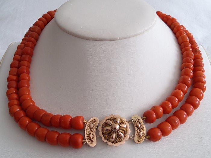 Halsketting - 14 karaat Geel goud - Bloedkoraal van 8-10,5, Sieraden, Tassen en Uiterlijk, Kettingen