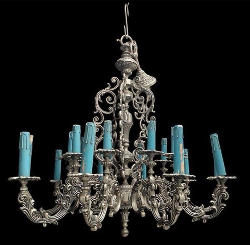 Kroonluchter - 18 massief bronzen barokke lichten, zilver, Antiek en Kunst, Antiek | Lampen