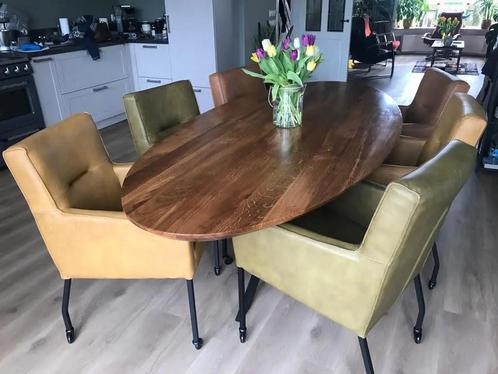 Set van 6 leren eetkamerstoelen - met armleuning en, Huis en Inrichting, Stoelen, Nieuw, Leer, Ophalen of Verzenden