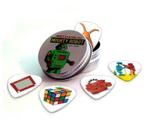 Blikje + plectrums met afbeelding van retro speelgoed