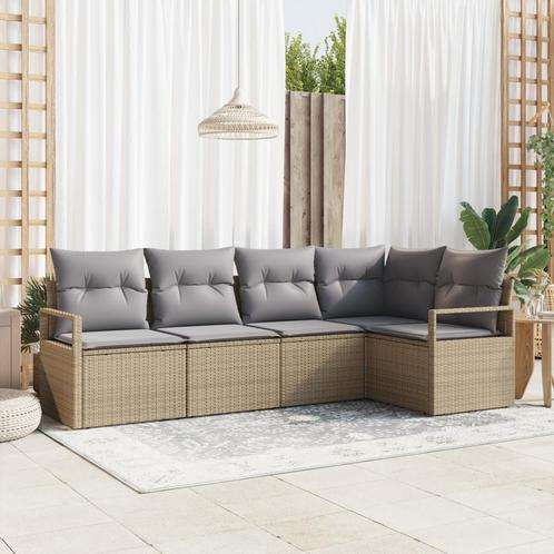 vidaXL 5-delige tuinbank set met kussens in beige poly, Tuin en Terras, Tuinsets en Loungesets, Nieuw, Rotan, Verzenden
