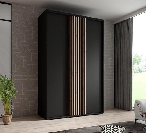 Kledingkast 150cm zwart Schuifdeuren Latjes - Garderobekast, Huis en Inrichting, Kasten | Vitrinekasten, 50 tot 75 cm, Nieuw, 200 cm of meer