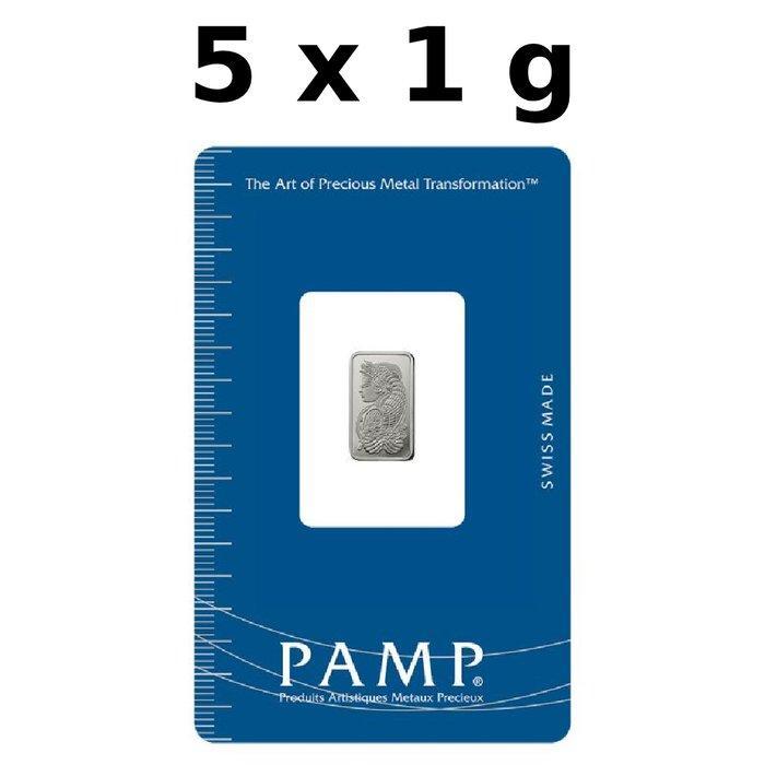 5 gram - Platina .999 - 5 x 1g PAMP Suisse Lady Fortuna 9995, Postzegels en Munten, Edelmetalen en Baren