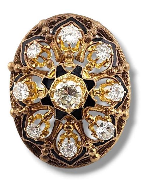 Ring - 14 karaat Geel goud, Grote bloemen emaille 14k, Sieraden, Tassen en Uiterlijk, Ringen