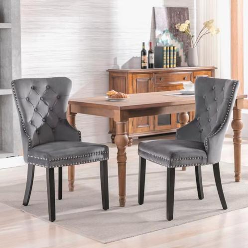 2 Fluwelen Eetkamerstoelen Set - Elegante Stoelen Eikenhout, Huis en Inrichting, Stoelen, Twee, Grijs, Nieuw, Hout, Stof, Verzenden