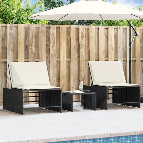 vidaXL Ligbedden 2 st met tafel poly rattan zwart, Tuin en Terras, Ligbedden, Nieuw, Verzenden