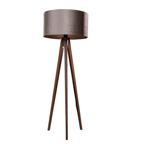 Vloerlamp tripod walnoot hout met velours kap taupe 50cm -, Huis en Inrichting, Lampen | Vloerlampen, Nieuw, Overige materialen