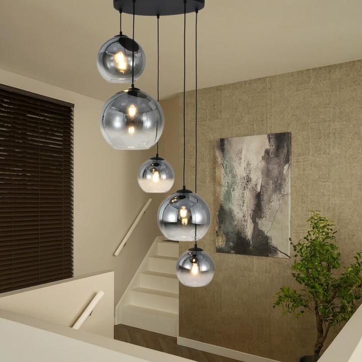 Hanglamp Marie- Zwart met fade glas - 5 lichtpunten - Rond, Huis en Inrichting, Lampen | Hanglampen, Nieuw, Glas, Metaal, Verzenden