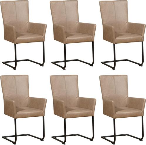Set van 6 Taupe leren industriële eetkamerstoelen - poot ron, Huis en Inrichting, Stoelen, Vijf, Zes of meer stoelen, Overige kleuren