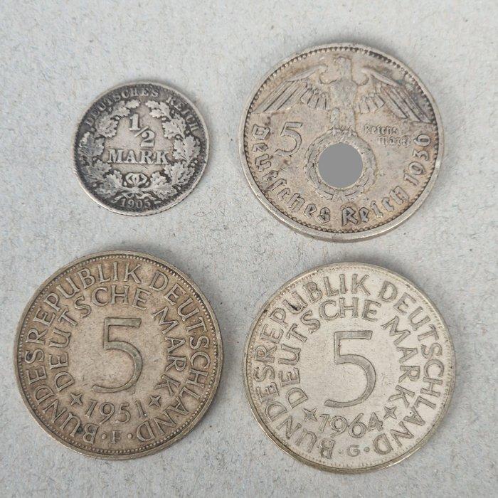 Duitsland. Lot of 4 coins: ½ Mark 1905, 5 Reichsmark 1936 E,, Postzegels en Munten, Munten | Europa | Niet-Euromunten