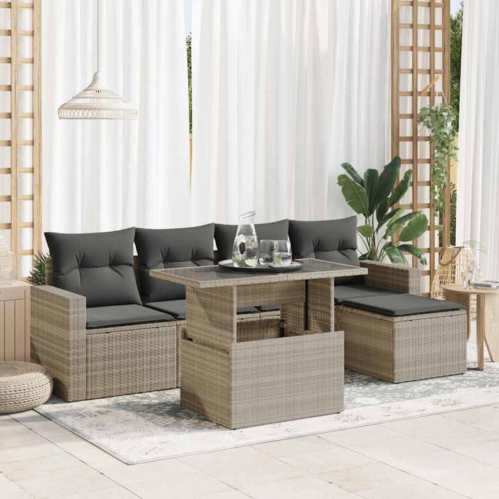 vidaXL 6-delige Loungeset met kussens poly rattan lichtgrijs, Tuin en Terras, Tuinsets en Loungesets, Loungeset, Nieuw, Rotan