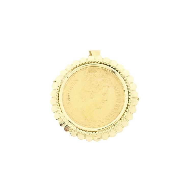 Gouden broche/hanger van een gouden vijfje; Koningin Wilh..., Sieraden, Tassen en Uiterlijk, Bedels, Gebruikt, Overige merken