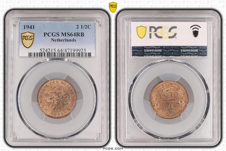 Koningin Wilhelmina 2 1/2 cent 1941 MS64 RB PCGS, Postzegels en Munten, Munten | Nederland, Losse munt, Koningin Wilhelmina, Verzenden