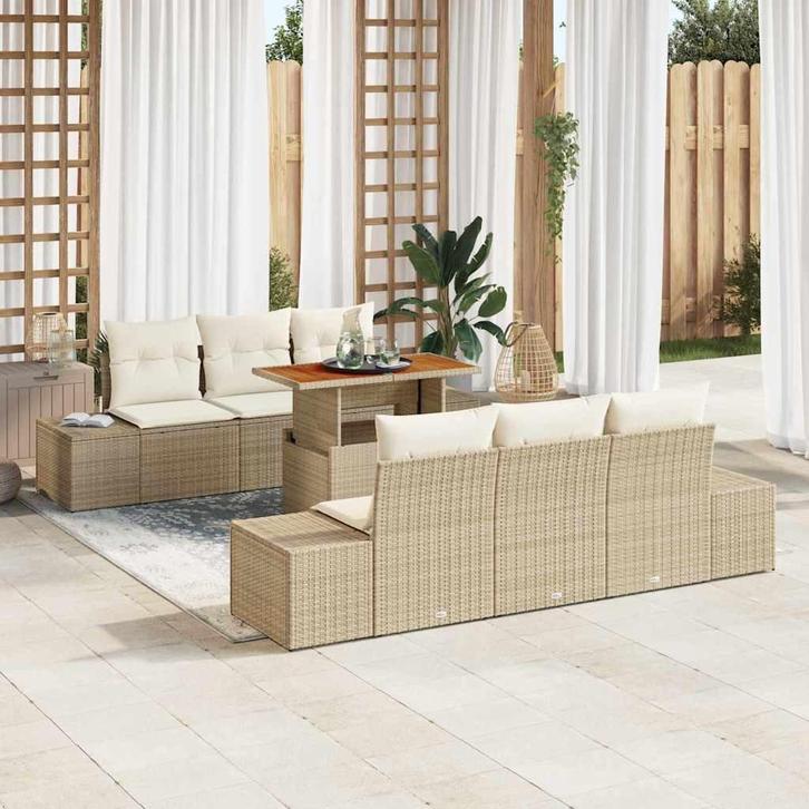 vidaXL Tuin Eetset met kussen met kussen 7 pcs Beige en, Tuin en Terras, Tuinsets en Loungesets, Nieuw, Rotan, Verzenden