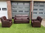 Bankstel SENIOREN Mecam bruin leer 2,5 zit bank +2 fauteuils, Rechte bank, Senioren, Vierpersoons of meer, Leer