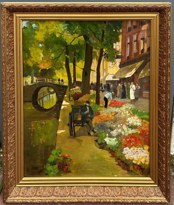 Nederlandse school (XX) - Bloemenmarkt in Delft, Antiek en Kunst, Kunst | Schilderijen | Klassiek