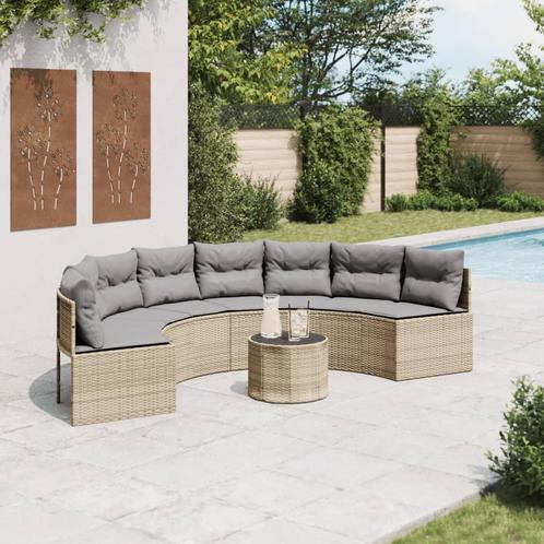vidaXL Tuinbank met tafel en kussens halfrond poly rattan, Tuin en Terras, Tuinsets en Loungesets, Nieuw, Rotan, Verzenden