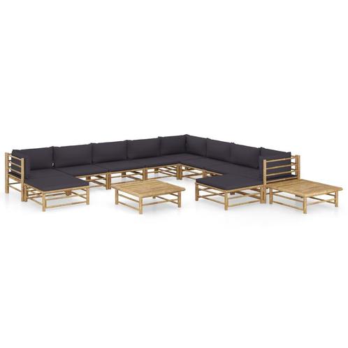 vidaXL 12-delige Loungeset met donkergrijze kussens bamboe, Tuin en Terras, Tuinsets en Loungesets, Loungeset, Nieuw, Hout, Verzenden