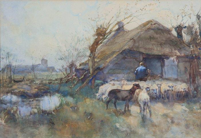 Willem Hendrik van der Nat (1864–1929) - Boer met schapen, Antiek en Kunst, Kunst | Schilderijen | Klassiek