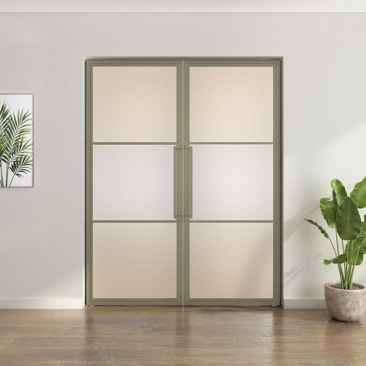 Dubbele stalen taatsdeur - 3 Vlaks - Olijfgroen - Mat glas, Doe-het-zelf en Verbouw, Deuren en Horren, Nieuw, Metaal, Overige typen
