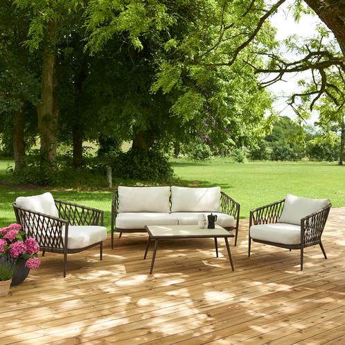 Loungeset 4 delig bruin | Beige kussens | Tuin, Tuin en Terras, Tuinsets en Loungesets, Nieuw, Verzenden