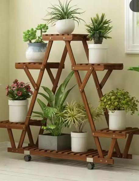 Plantenrek Verkoold Hout met Wielen - Bloempot Display, Tuin en Terras, Bloembakken en Plantenbakken, Nieuw, Verzenden