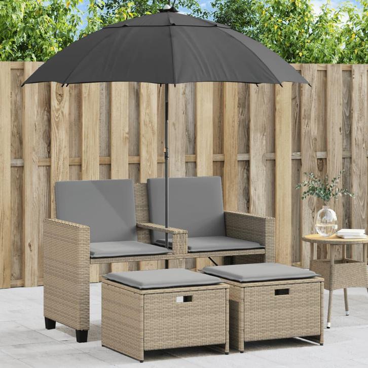 vidaXL Tuinbank 2-zits met parasol en voetenbanken poly, Tuin en Terras, Tuinsets en Loungesets, Nieuw, Rotan, Verzenden