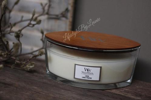 WoodWick Linen hearthwick flame, Huis en Inrichting, Woonaccessoires | Kandelaars en Kaarsen, Nieuw, Ophalen of Verzenden