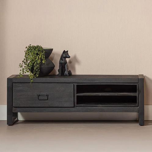 Tv-meubel Mangohout Kelvin 130 Zwart, Huis en Inrichting, Kasten | Televisiemeubels, 25 tot 50 cm, Nieuw, Overige houtsoorten